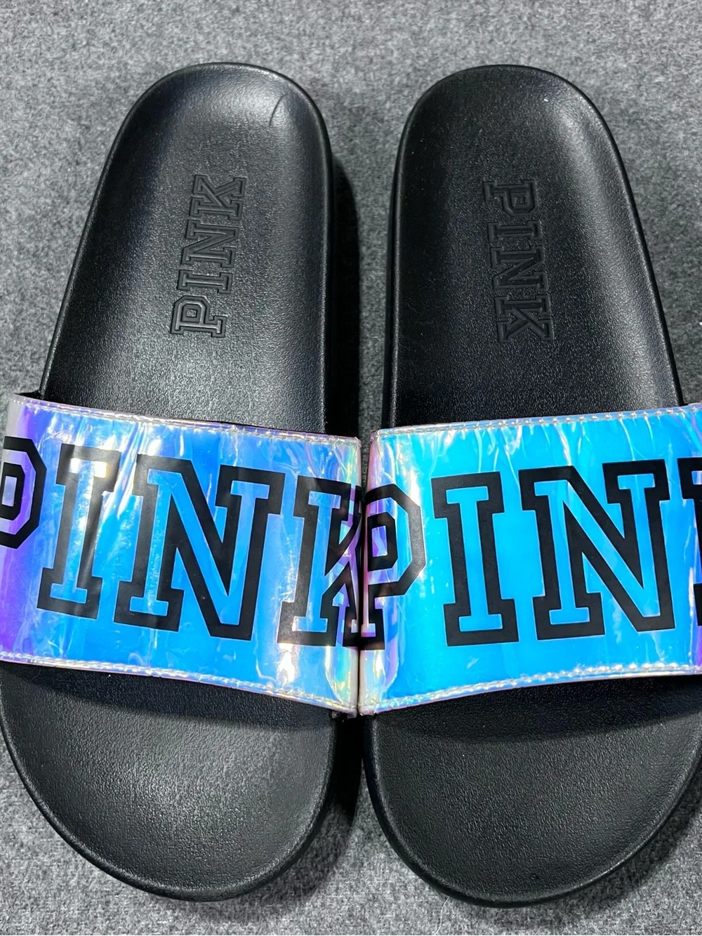 Victorias Secret PINK Holographic Iridescent Slide Sandals Womens Large (40/41)